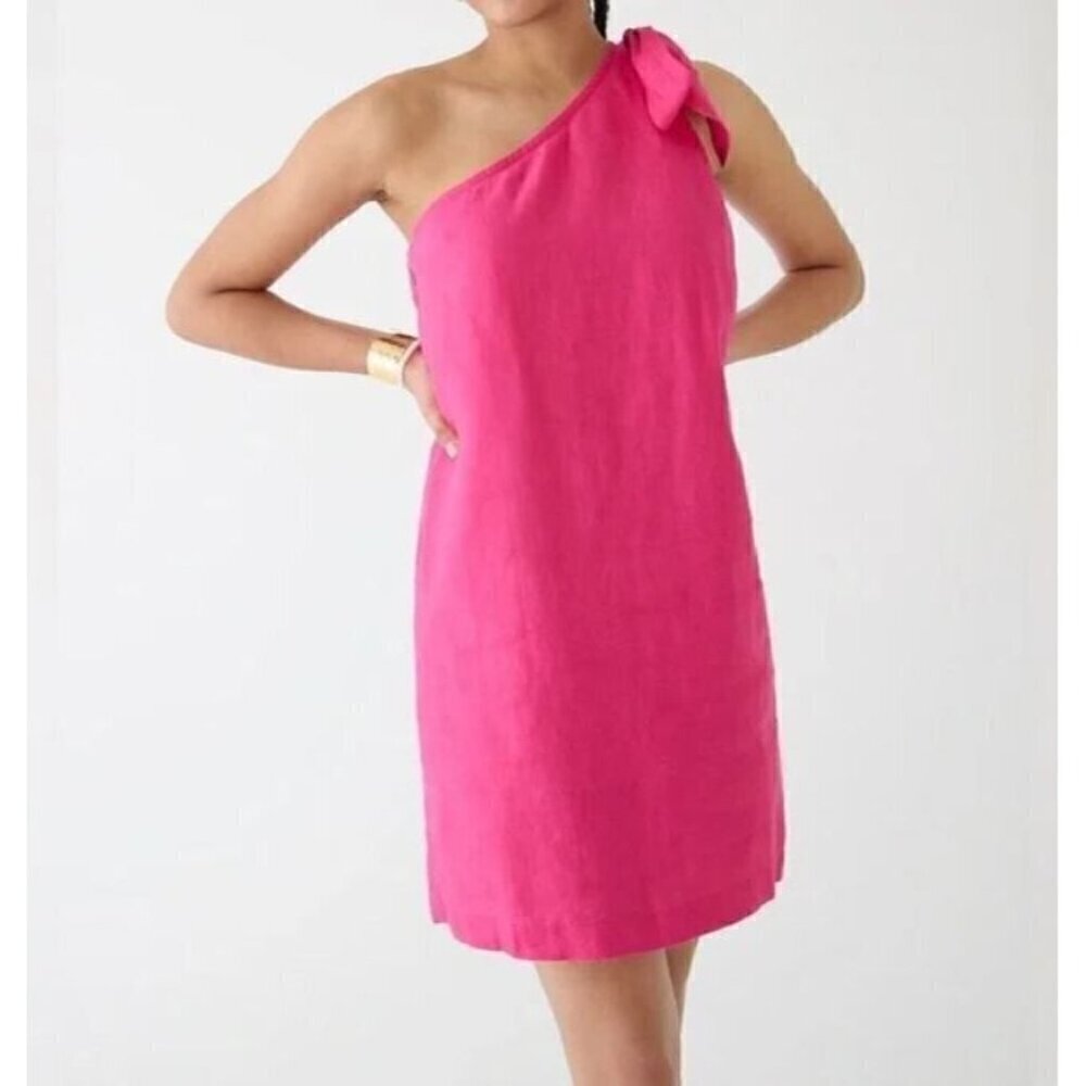 J Crew Dress Womens Medium Pink Linen One Shoulder Shift Flirty Feminine